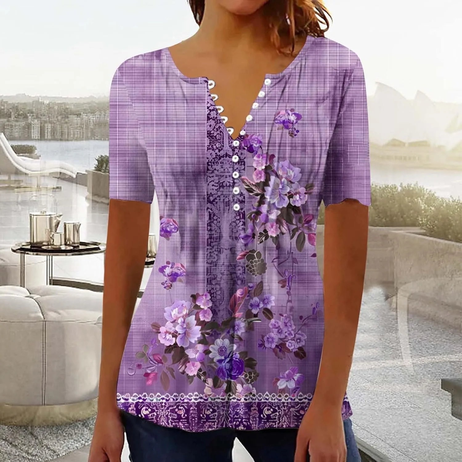 Women 2025 Spring Blouses Tops Floral Short Sleeve Boho T Shirts Dressy Casual Tunic Beach Vacation Ladies Clothing