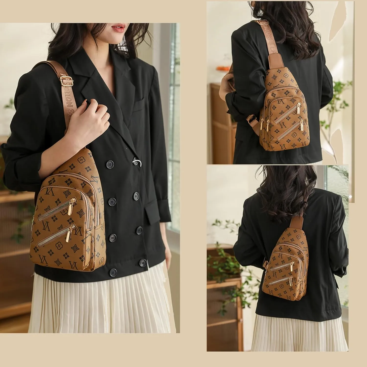 Women Chest Bag Sling Bag for Women PU Leather Sling Crossbody Backpack Chest Sling Daypack Bag for Hiking