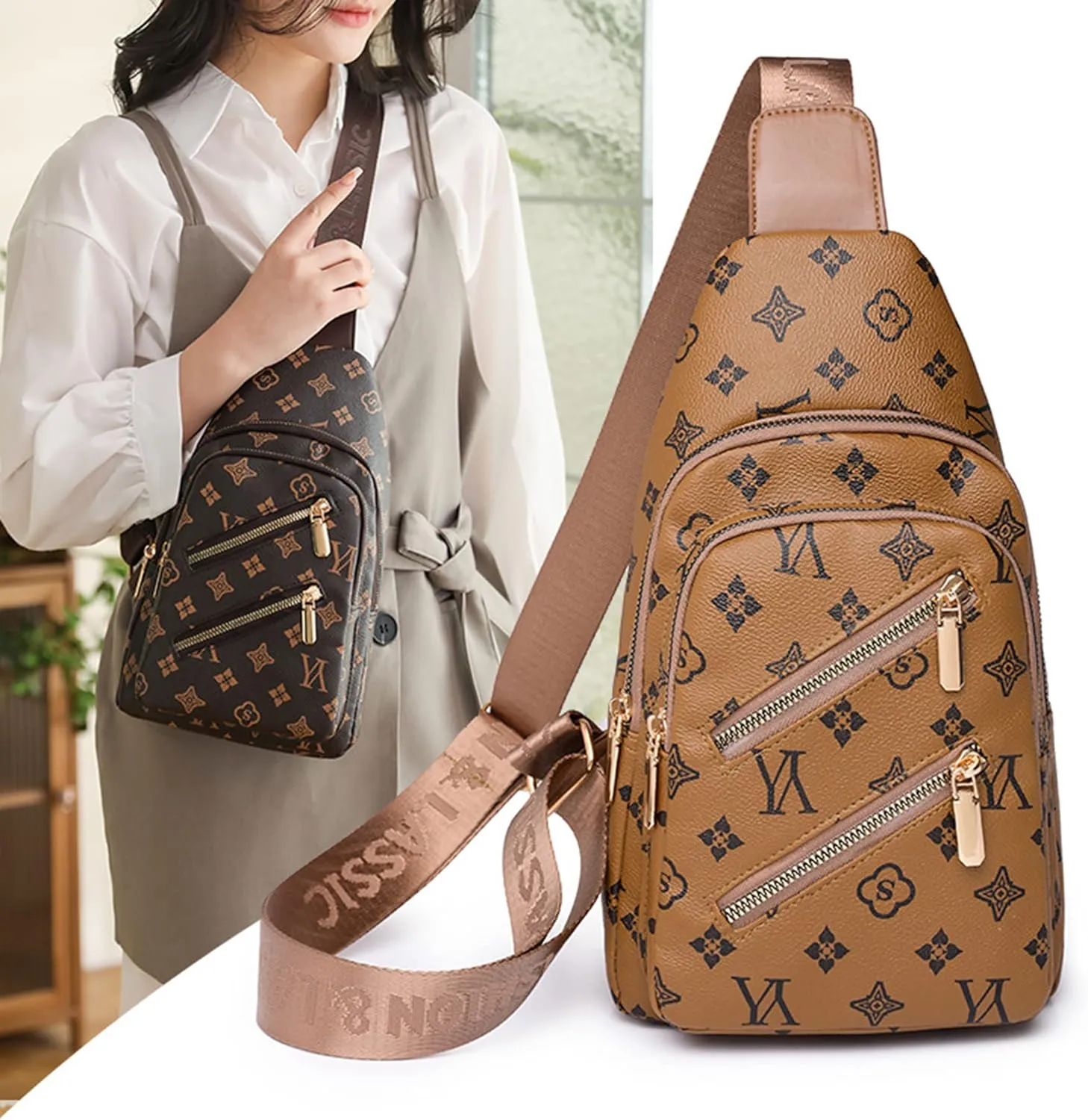 Women Chest Bag Sling Bag for Women PU Leather Sling Crossbody Backpack Chest Sling Daypack Bag for Hiking