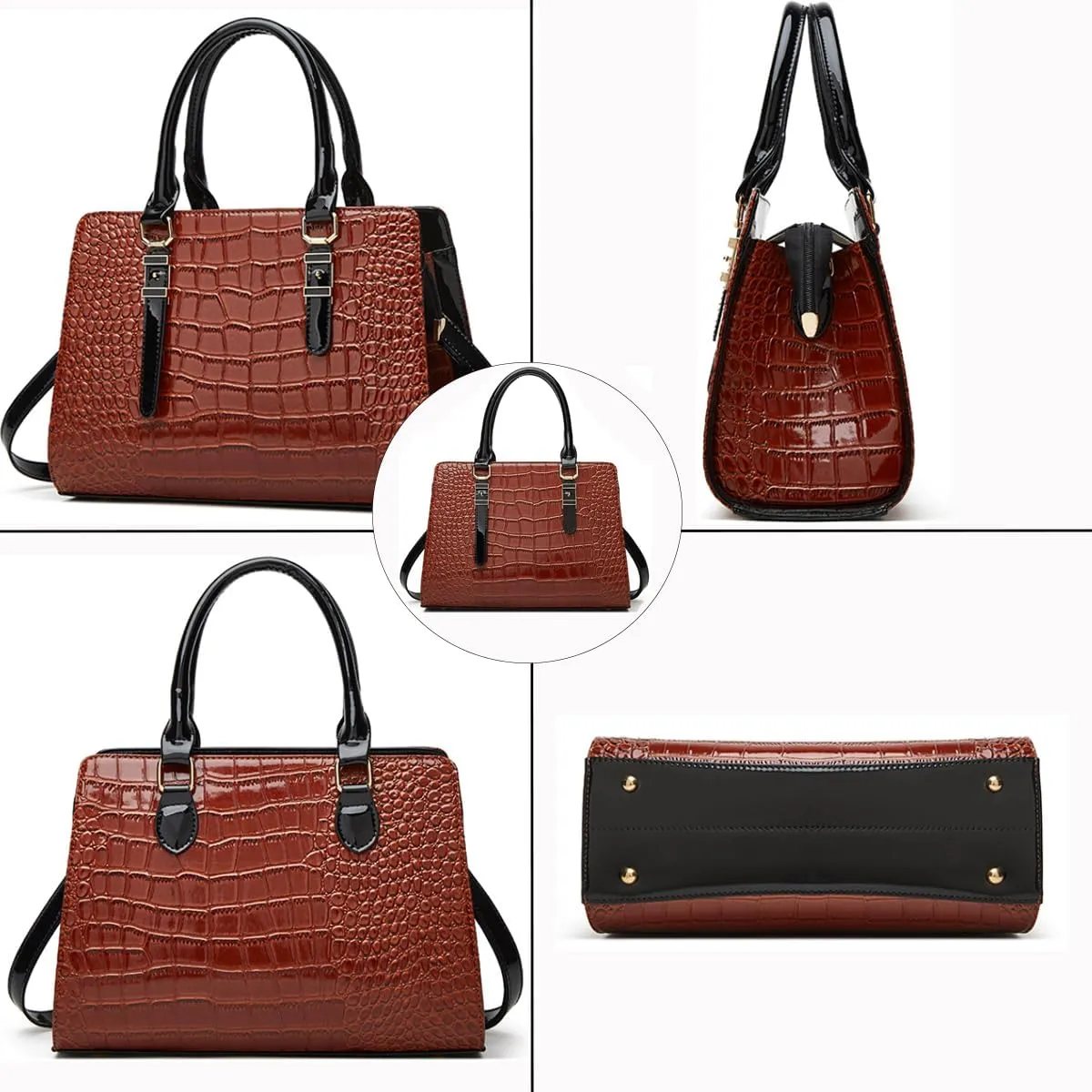 Women Fashion Crocodile Pattern Handbag Wallet Leather Tote Bag Shoulder Bag Top Handle Satchel Work Purse Set 3pcs