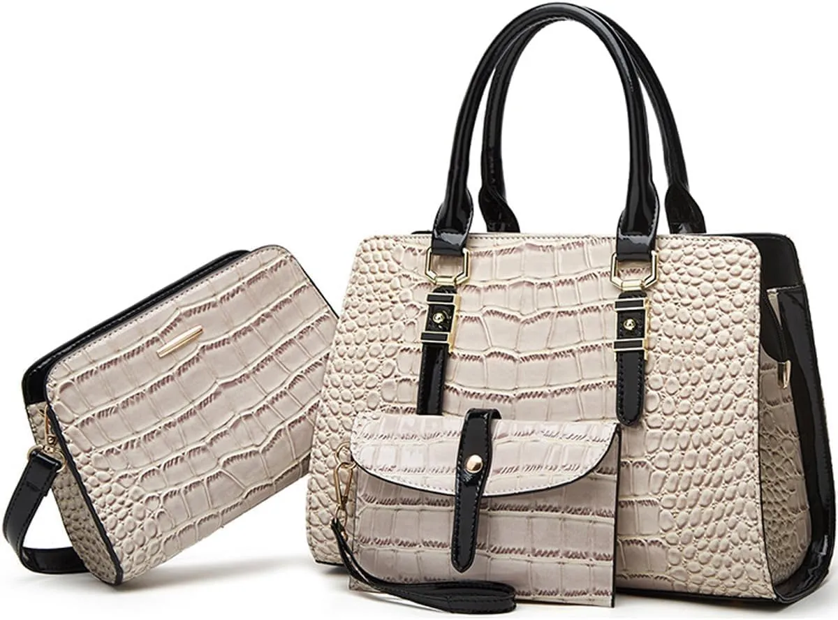 Women Fashion Crocodile Pattern Handbag Wallet Leather Tote Bag Shoulder Bag Top Handle Satchel Work Purse Set 3pcs