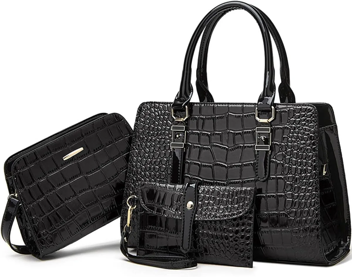 Women Fashion Crocodile Pattern Handbag Wallet Leather Tote Bag Shoulder Bag Top Handle Satchel Work Purse Set 3pcs
