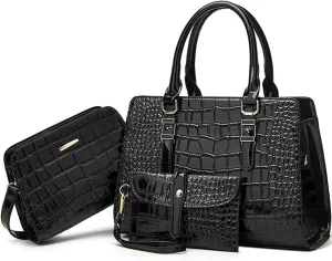 Women Fashion Crocodile Pattern Handbag Wallet Leather Tote Bag Shoulder Bag Top Handle Satchel Work Purse Set 3pcs