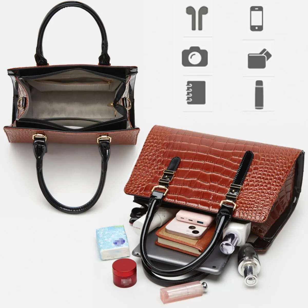Women Fashion Crocodile Pattern Handbag Wallet Leather Tote Bag Shoulder Bag Top Handle Satchel Work Purse Set 3pcs