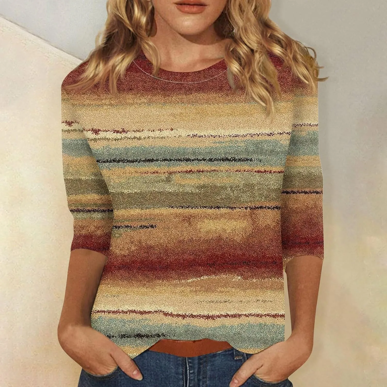 Womens 3/4 Length Sleeve Tops 2025 Summer Casual Geometric Print Crew Neck Blouse Fit Daily Womens 3/4 Sleeve T Shirts