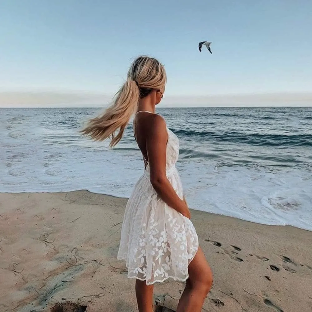 Womens Backless Mini Floral Flower Lace Dress White Spaghetti Straps Boho Beach Dress Flowy Ruffle Summer Dress