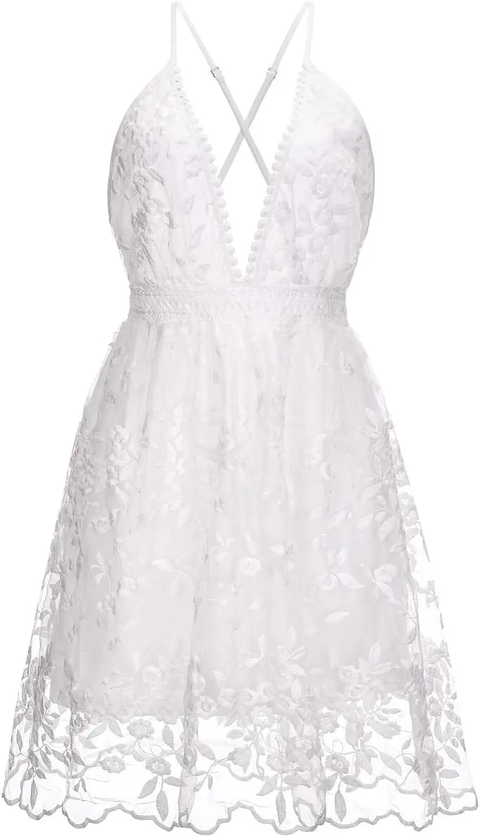 Womens Backless Mini Floral Flower Lace Dress White Spaghetti Straps Boho Beach Dress Flowy Ruffle Summer Dress