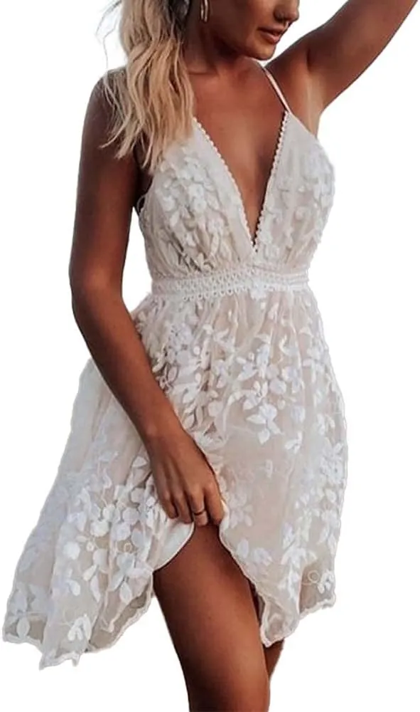 Womens Backless Mini Floral Flower Lace Dress White Spaghetti Straps Boho Beach Dress Flowy Ruffle Summer Dress