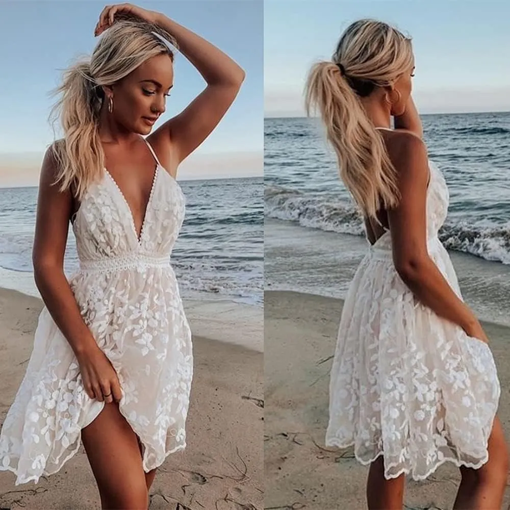 Womens Backless Mini Floral Flower Lace Dress White Spaghetti Straps Boho Beach Dress Flowy Ruffle Summer Dress