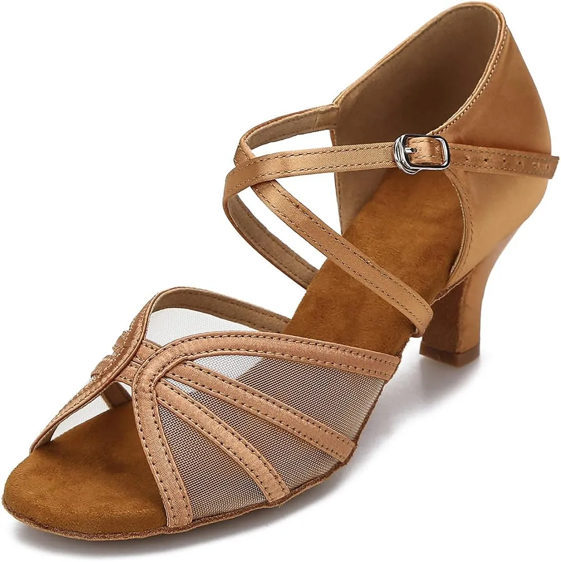 Women's Ballroom Dance Shoes Latin Salsa Dancing Shoes Cross Strap 2.5inch Heel 3inch Heel ZB04