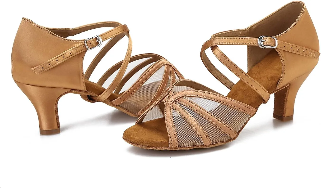 Women's Ballroom Dance Shoes Latin Salsa Dancing Shoes Cross Strap 2.5inch Heel 3inch Heel ZB04