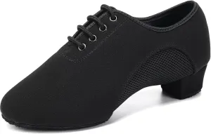 Women's Ballroom Dance Shoes with Mesh Closed Lace-up Toe Suede Sole Professional Modern Salsa Latin Teaching Practice Performance Dance Shoes,Black
