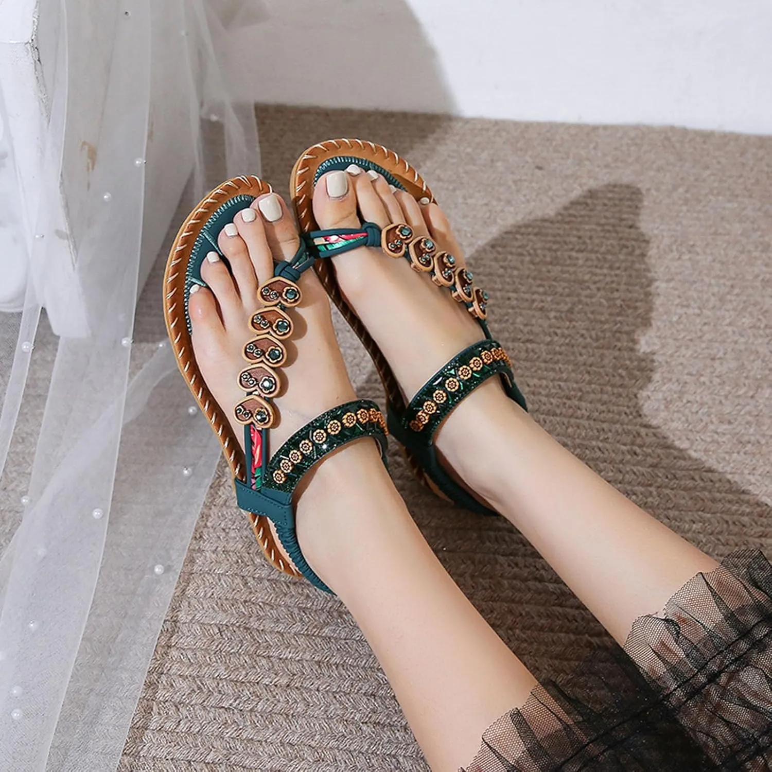 Women's Bohemian Flat Sandals Summer Beach Comfortable Flip Flops Casual Dressy Thong Shoes for Walking and