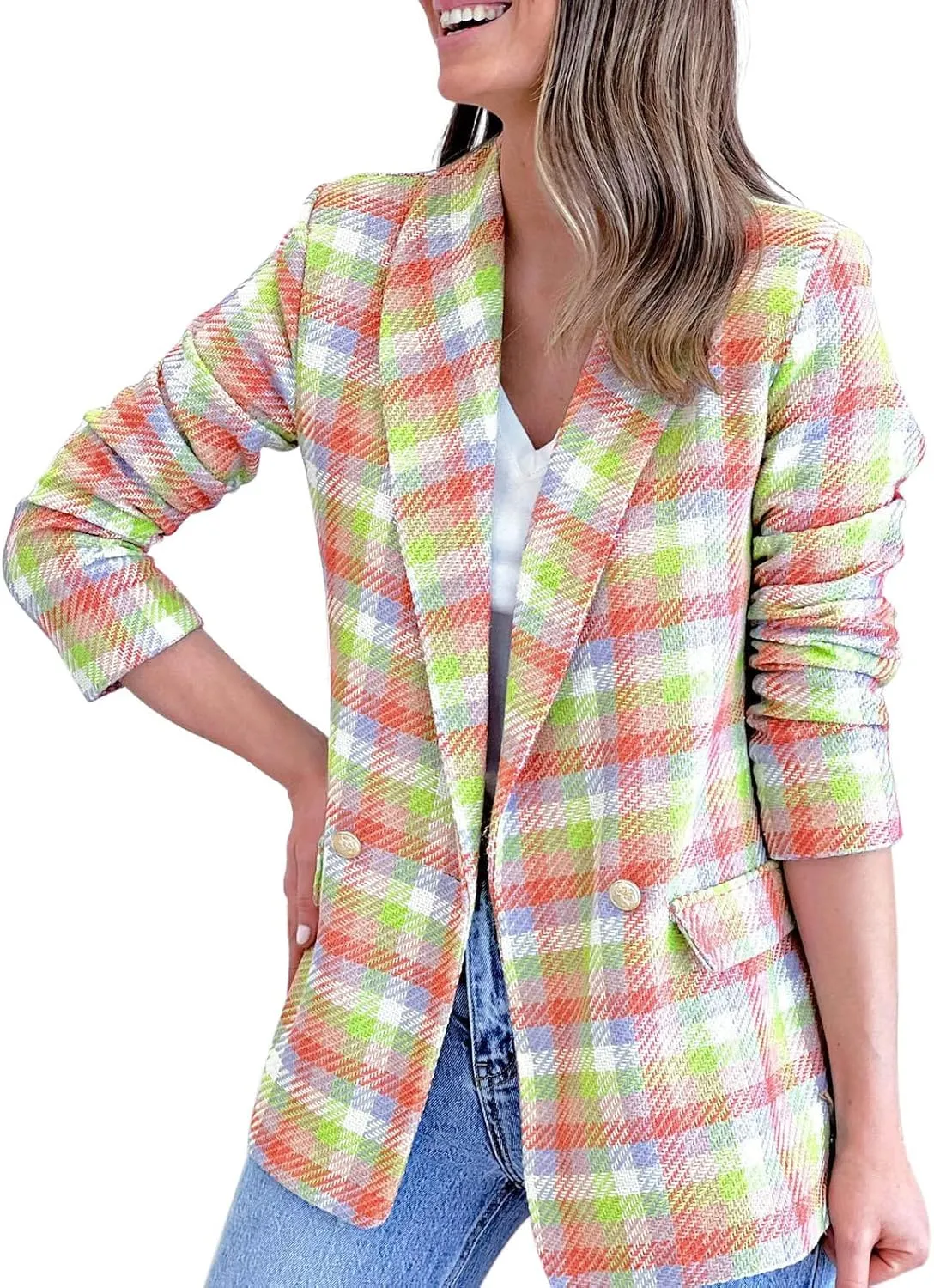 Womens Casual Light Weight Thin Jacket Slim Coat Long Sleeve Blazer Office Business Coats Plaid Down Lightweight Women