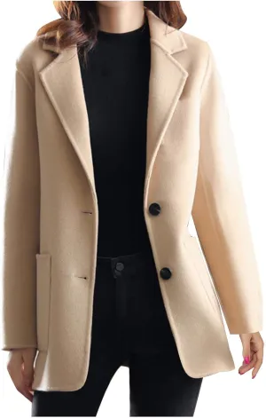 Womens Casual Woolen Trench Blazers Long Sleeve Open Front Button Work Office Suit Jackets Cardigan Coat with Pockets
