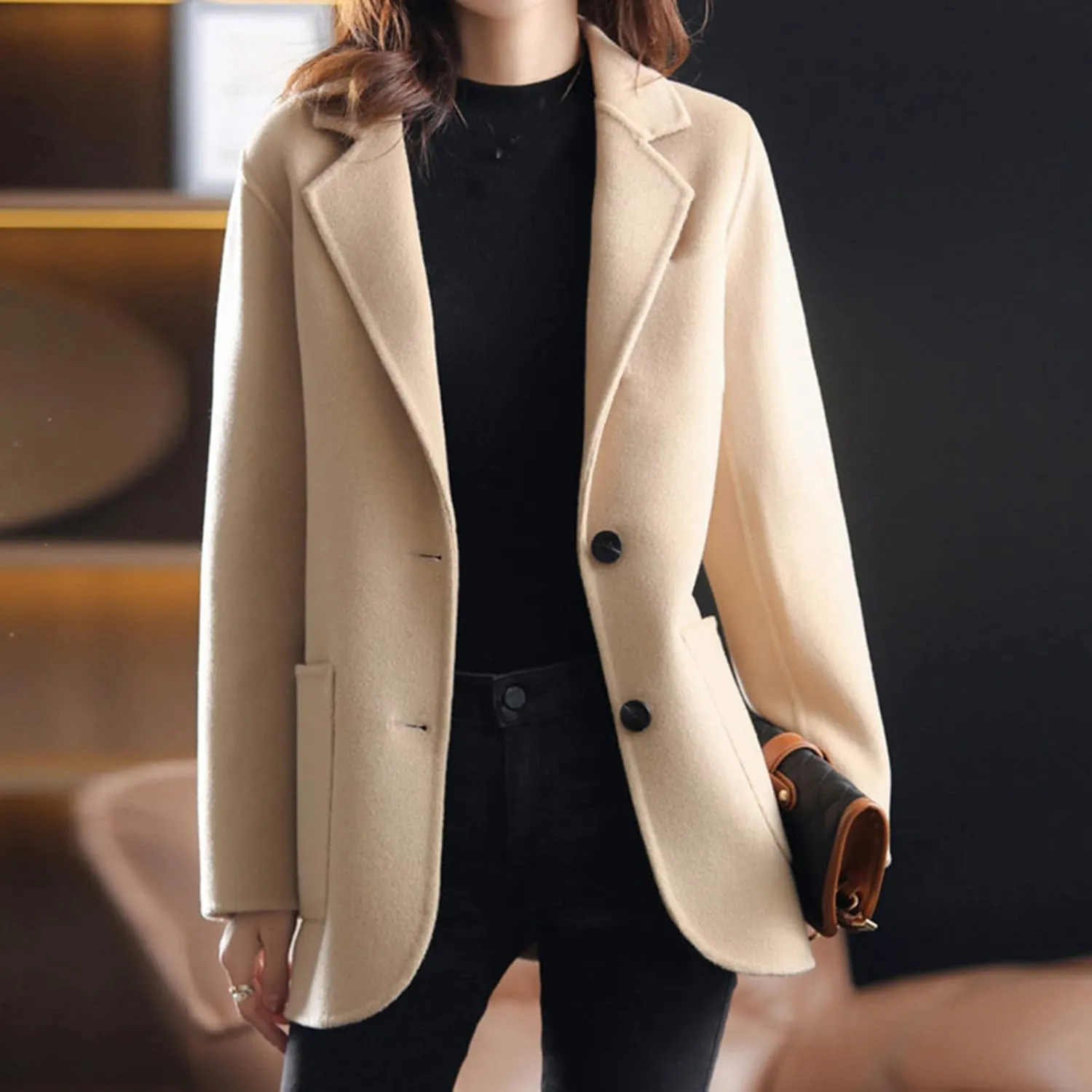 Womens Casual Woolen Trench Blazers Long Sleeve Open Front Button Work Office Suit Jackets Cardigan Coat with Pockets