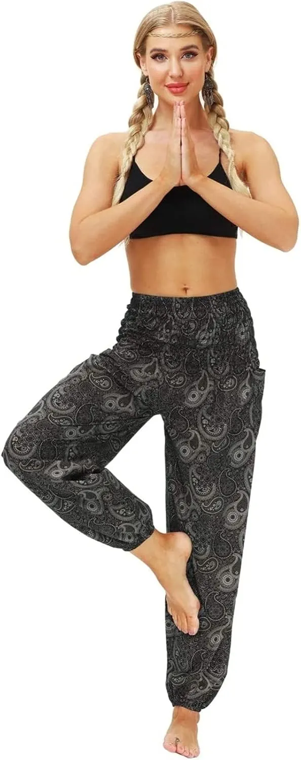 Women's Cotton Harem Pants High Waist Hippie Pattern Baggy Pants with Pockets Light Airy Cloth Pants Yoga Pants