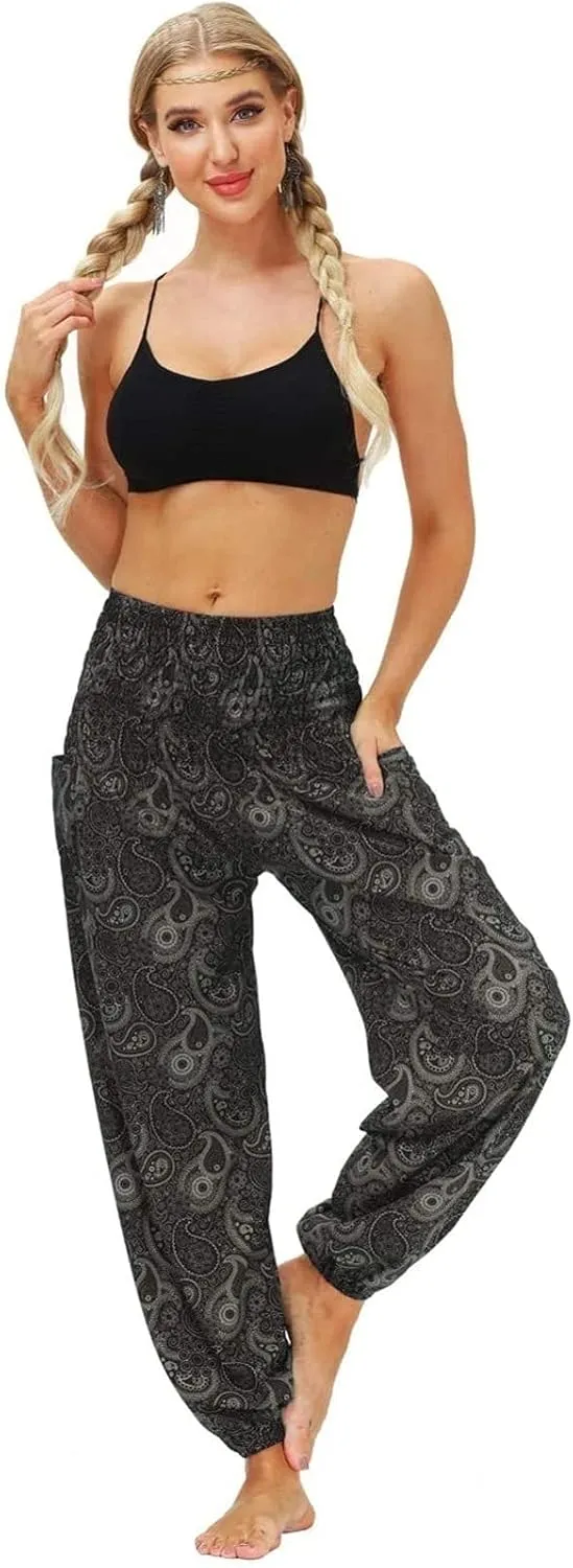 Women's Cotton Harem Pants High Waist Hippie Pattern Baggy Pants with Pockets Light Airy Cloth Pants Yoga Pants