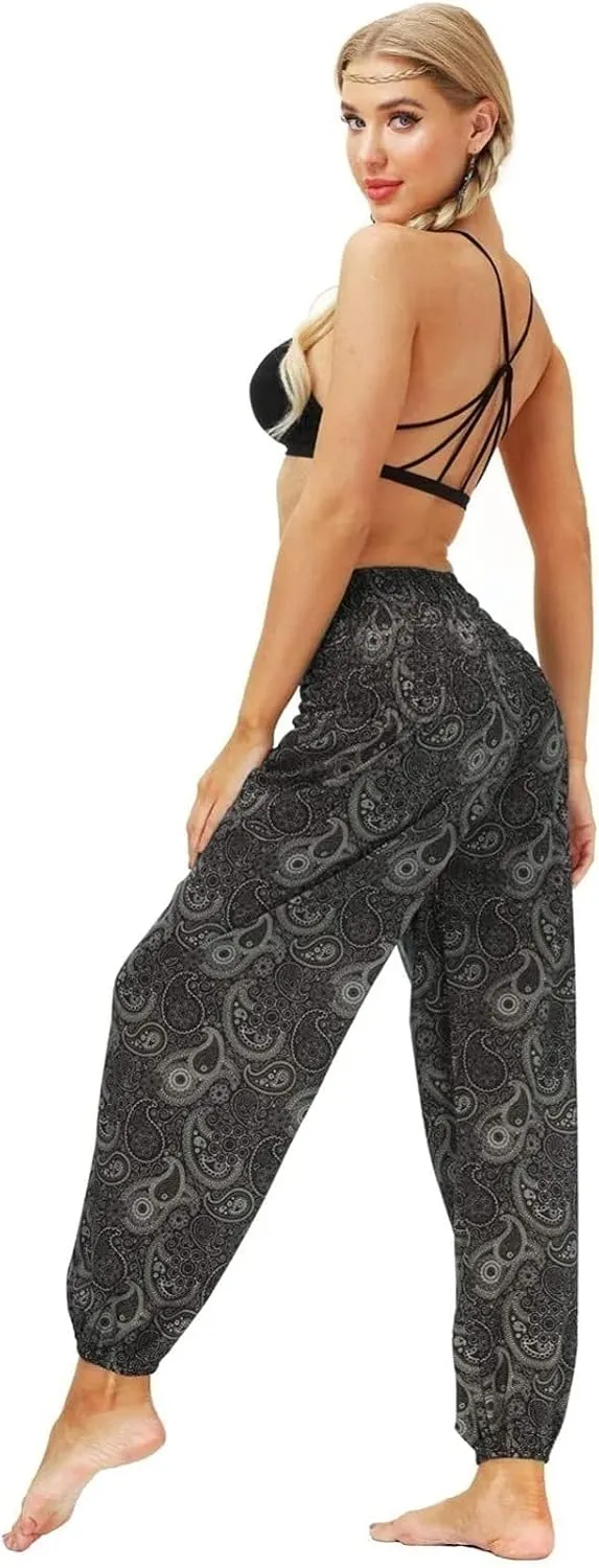 Women's Cotton Harem Pants High Waist Hippie Pattern Baggy Pants with Pockets Light Airy Cloth Pants Yoga Pants