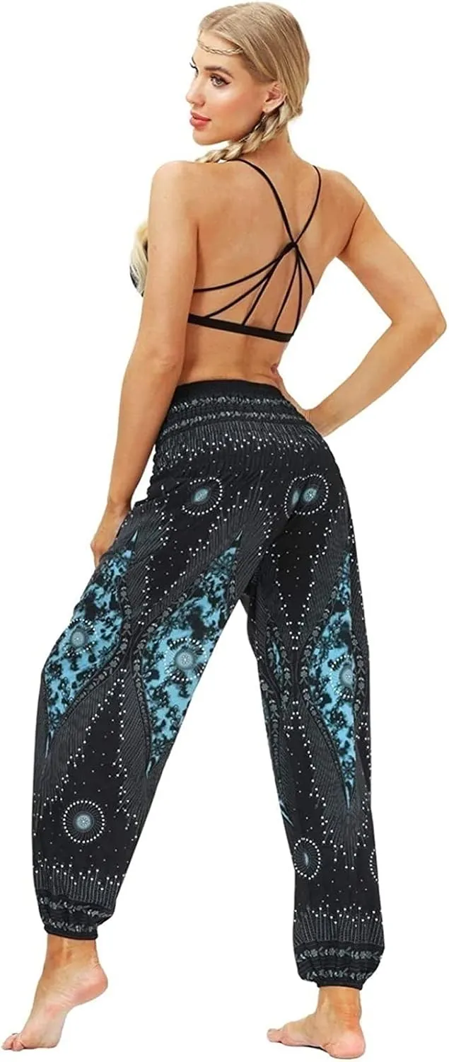 Women's Cotton Harem Pants High Waist Hippie Pattern Baggy Pants with Pockets Light Airy Cloth Pants Yoga Pants