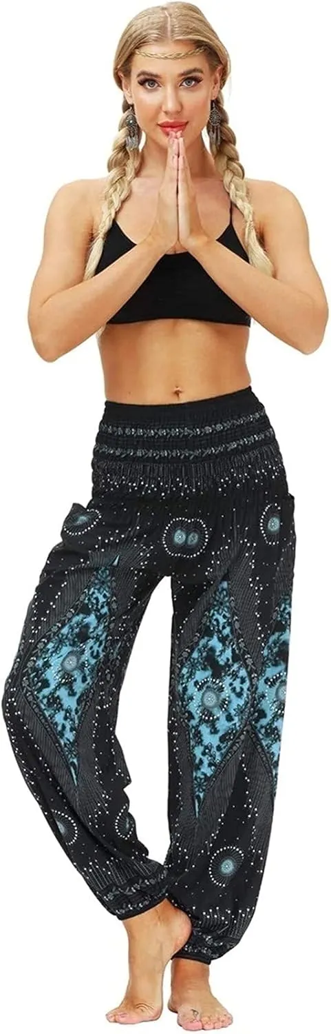 Women's Cotton Harem Pants High Waist Hippie Pattern Baggy Pants with Pockets Light Airy Cloth Pants Yoga Pants