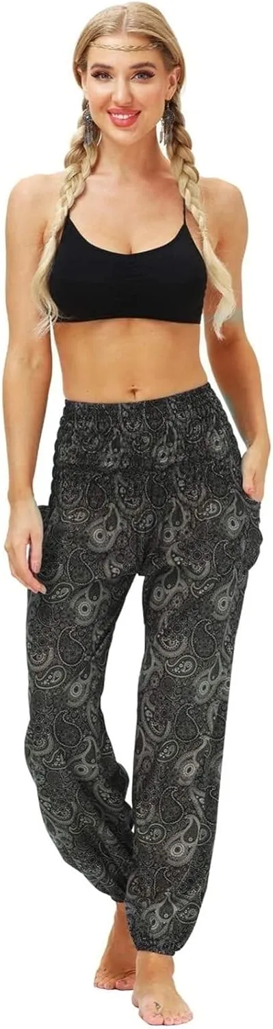 Women's Cotton Harem Pants High Waist Hippie Pattern Baggy Pants with Pockets Light Airy Cloth Pants Yoga Pants