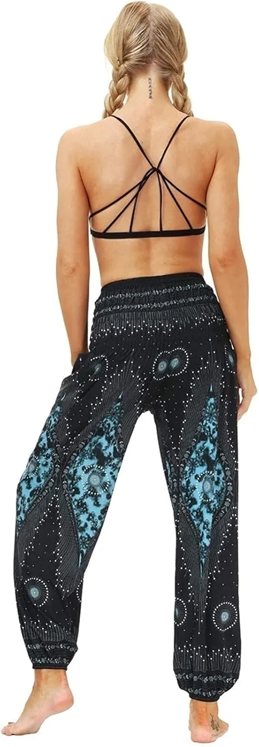 Women's Cotton Harem Pants High Waist Hippie Pattern Baggy Pants with Pockets Light Airy Cloth Pants Yoga Pants