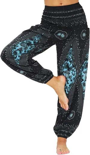 Women's Cotton Harem Pants High Waist Hippie Pattern Baggy Pants with Pockets Light Airy Cloth Pants Yoga Pants
