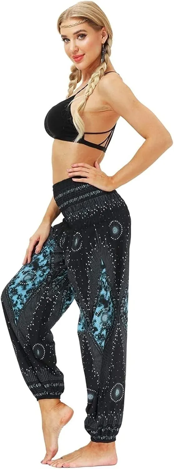 Women's Cotton Harem Pants High Waist Hippie Pattern Baggy Pants with Pockets Light Airy Cloth Pants Yoga Pants