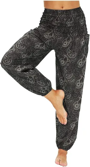 Women's Cotton Harem Pants High Waist Hippie Pattern Baggy Pants with Pockets Light Airy Cloth Pants Yoga Pants