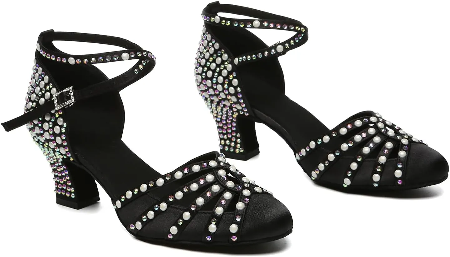 Women's Dance Shoes Closed Toe Pearly Diamonds Latin Ballroom Dance Shoes with 6cm Heel Model YCL628