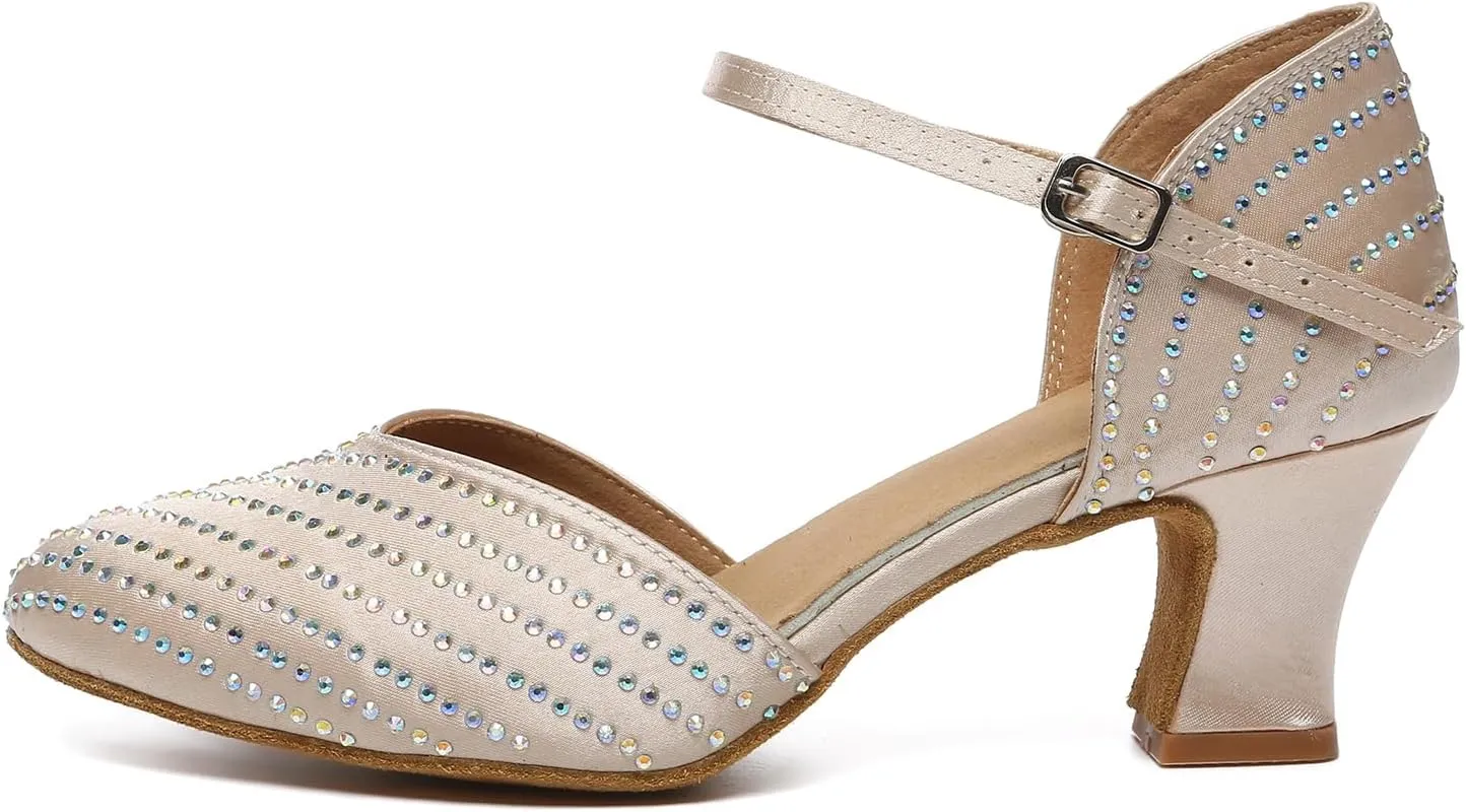 Women's Dance Shoes with Rhinestone Closed Toe Ballroom Salsa Latin Shoes for Wedding Party