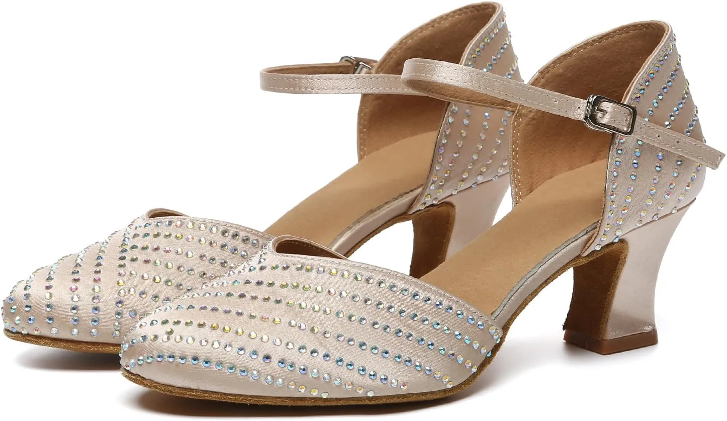 Women's Dance Shoes with Rhinestone Closed Toe Ballroom Salsa Latin Shoes for Wedding Party