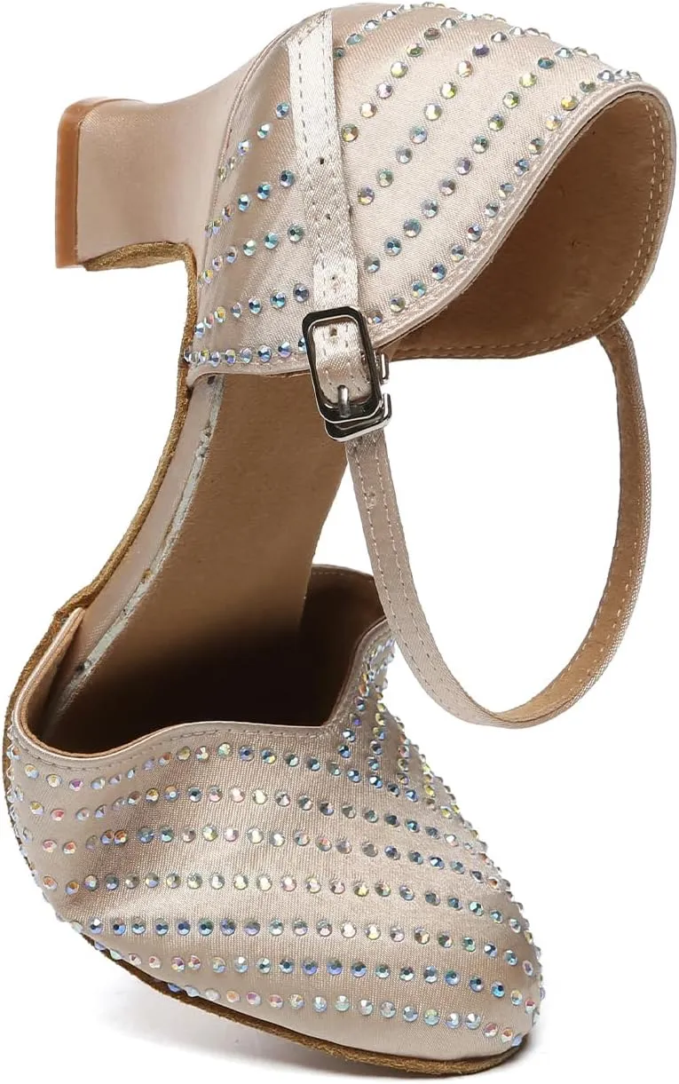 Women's Dance Shoes with Rhinestone Closed Toe Ballroom Salsa Latin Shoes for Wedding Party