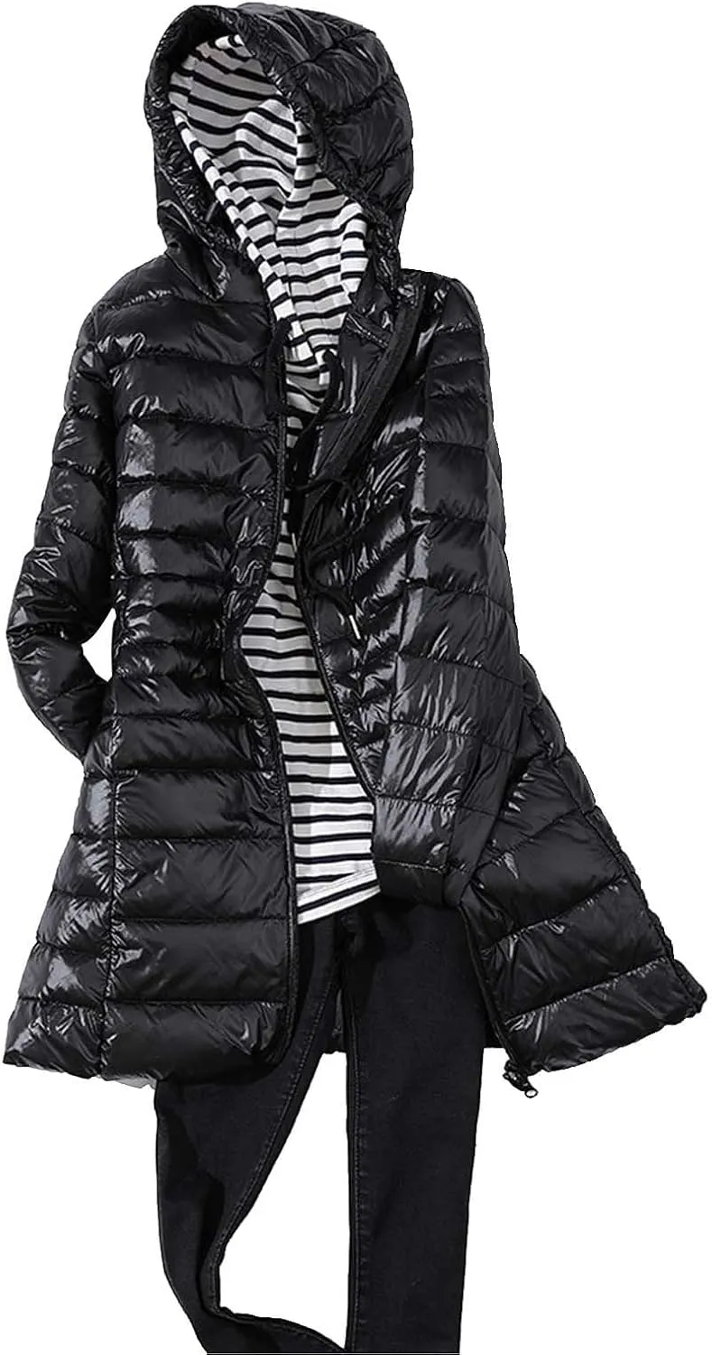 Womens Fashion Drawstring Solid Long Puffer Coat Warm Casual Slim Fit Quilted Down Jacket Zipper Hooded Outdoor Outwear
