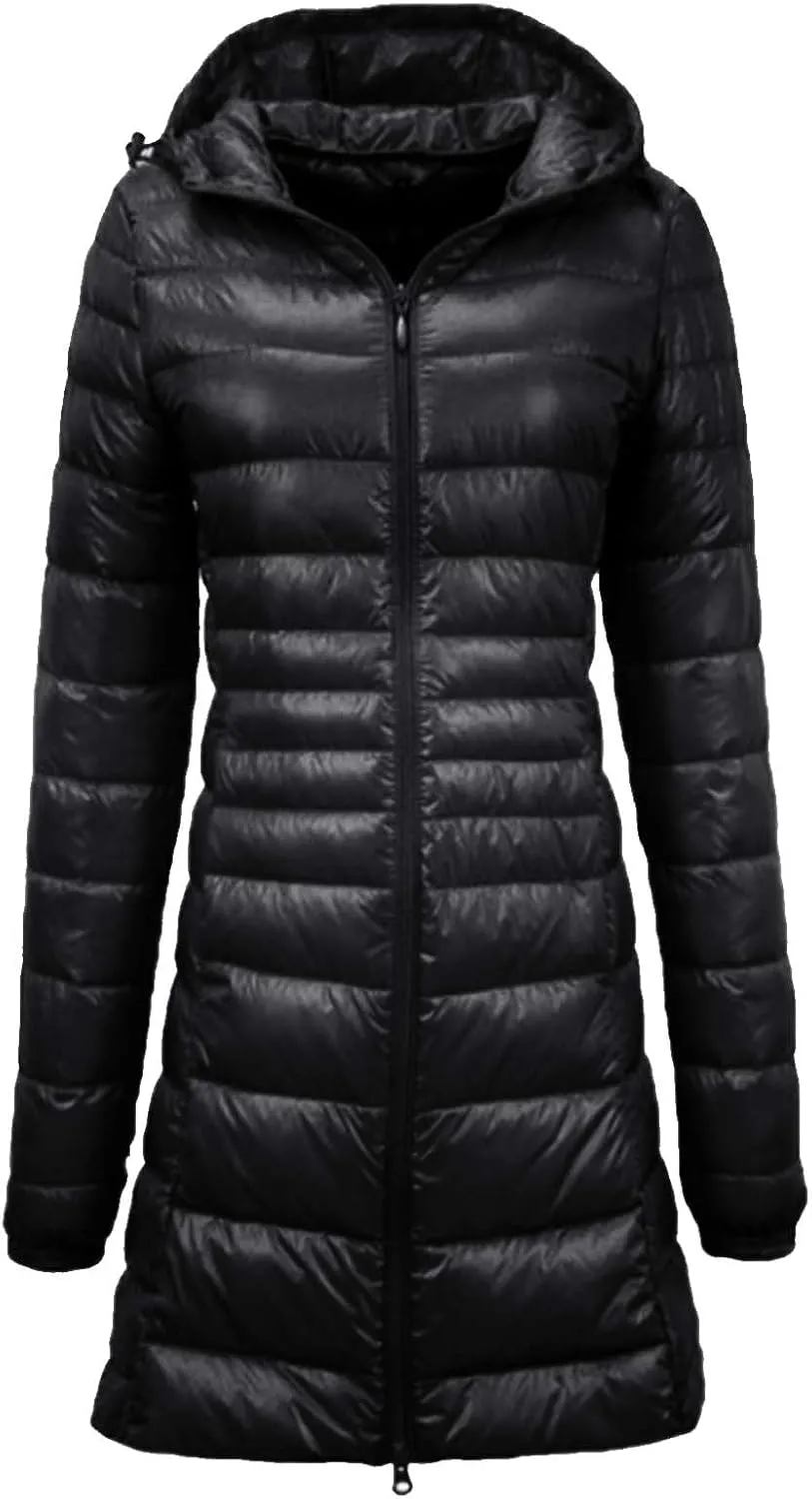 Womens Fashion Drawstring Solid Long Puffer Coat Warm Casual Slim Fit Quilted Down Jacket Zipper Hooded Outdoor Outwear