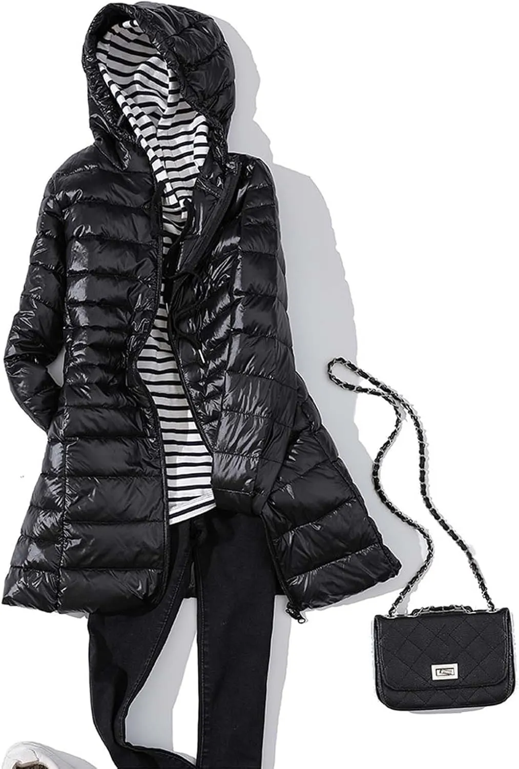 Womens Fashion Drawstring Solid Long Puffer Coat Warm Casual Slim Fit Quilted Down Jacket Zipper Hooded Outdoor Outwear
