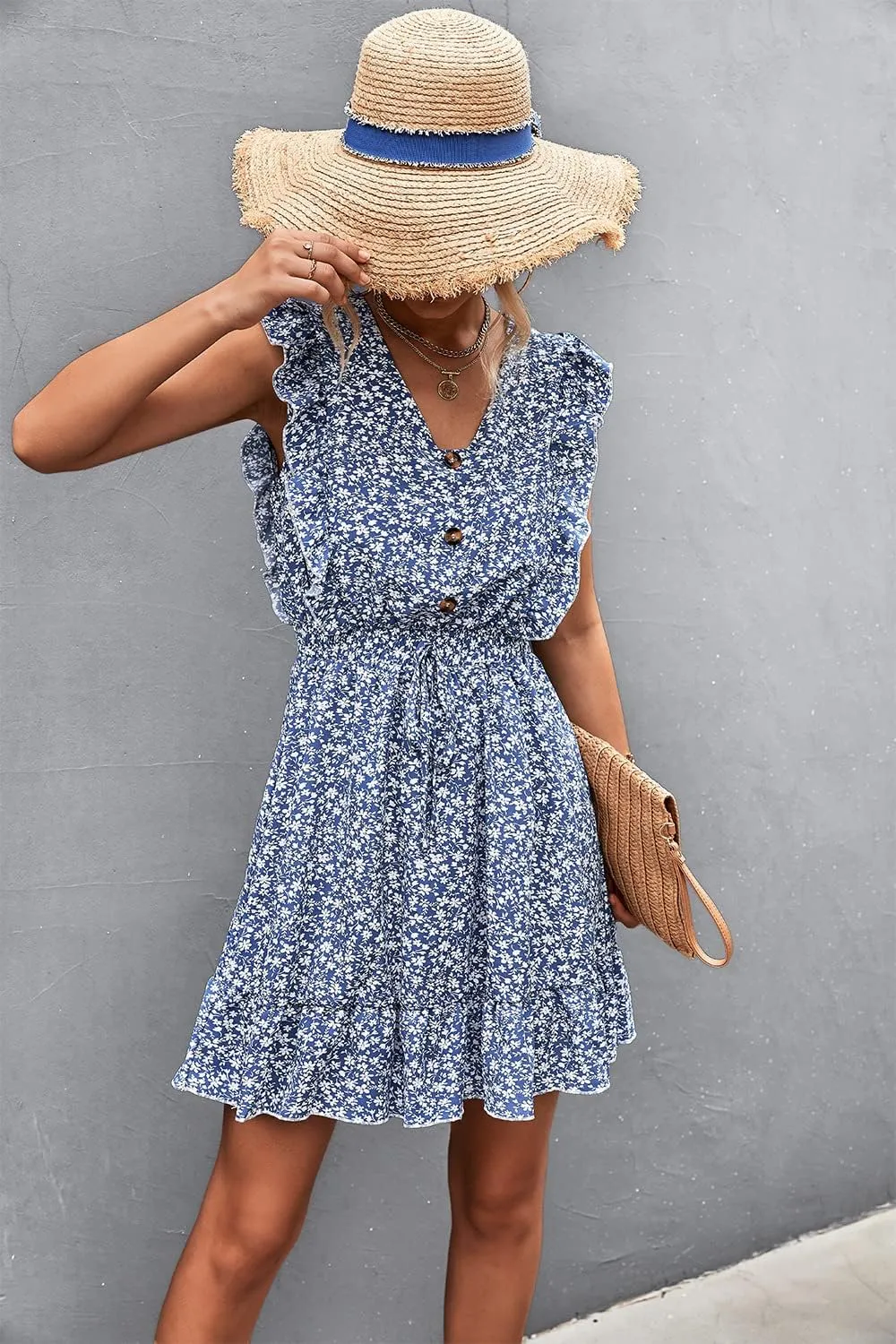 Womens Floral Ruffle Cap Sleeve Mini Dress Button Down Tie Waist Shirt Dress V Neck Flowy Short Beach Tank Dress