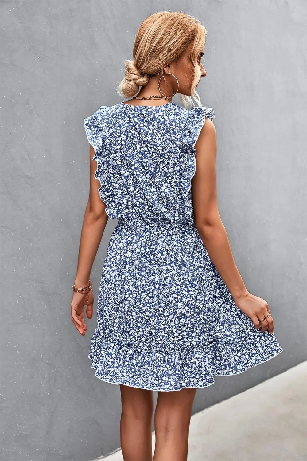 Womens Floral Ruffle Cap Sleeve Mini Dress Button Down Tie Waist Shirt Dress V Neck Flowy Short Beach Tank Dress