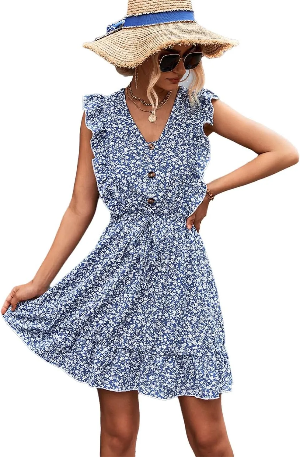 Womens Floral Ruffle Cap Sleeve Mini Dress Button Down Tie Waist Shirt Dress V Neck Flowy Short Beach Tank Dress