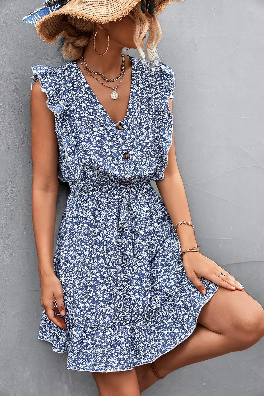 Womens Floral Ruffle Cap Sleeve Mini Dress Button Down Tie Waist Shirt Dress V Neck Flowy Short Beach Tank Dress