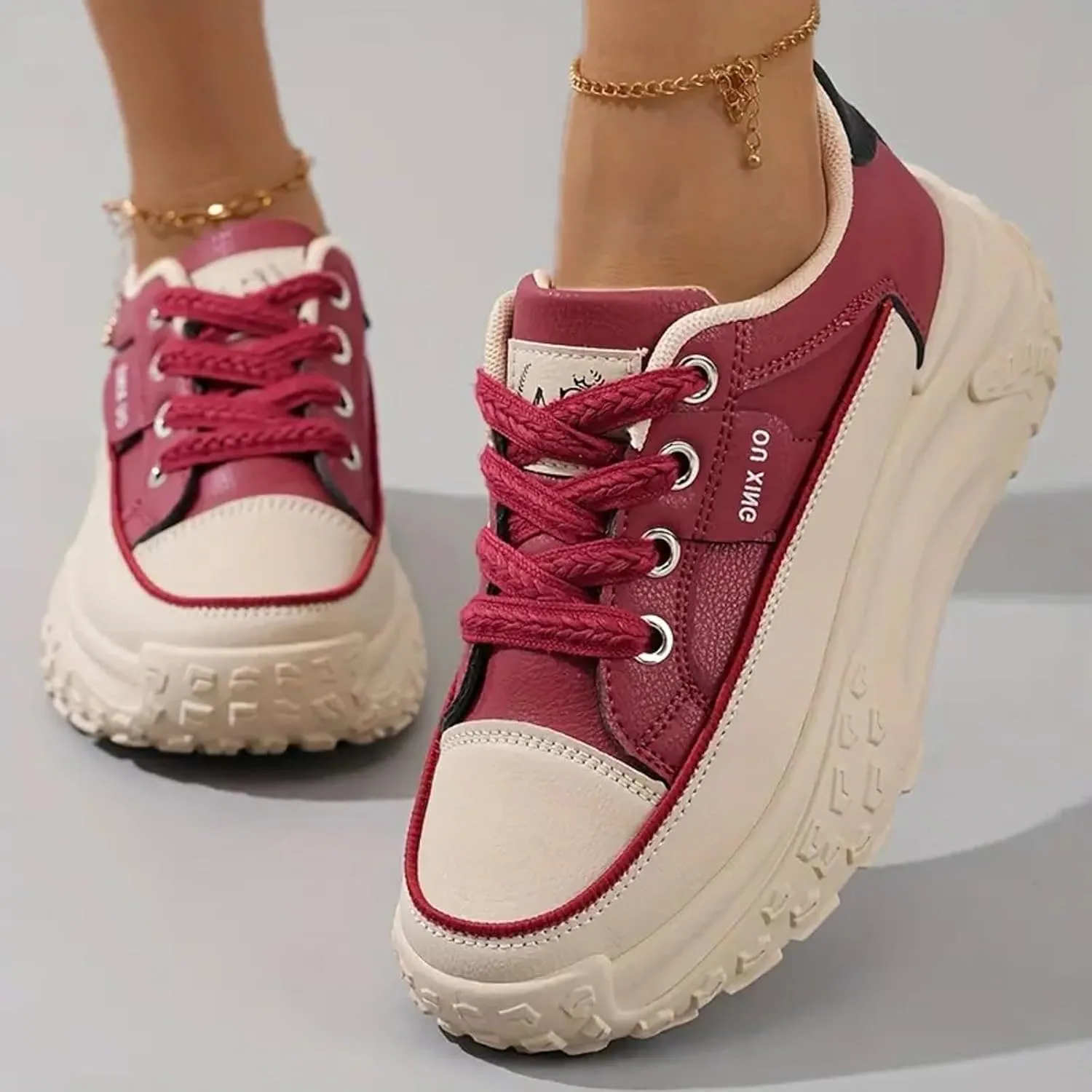 Women's Heightening Chunky Platform Fashion Sneakers Leather Round Toe Lace Up Comfortable Soft Bottom Walking Shoes Breathable Non-Slip Casual Sport Shoes Causal Walking Dad Shoes