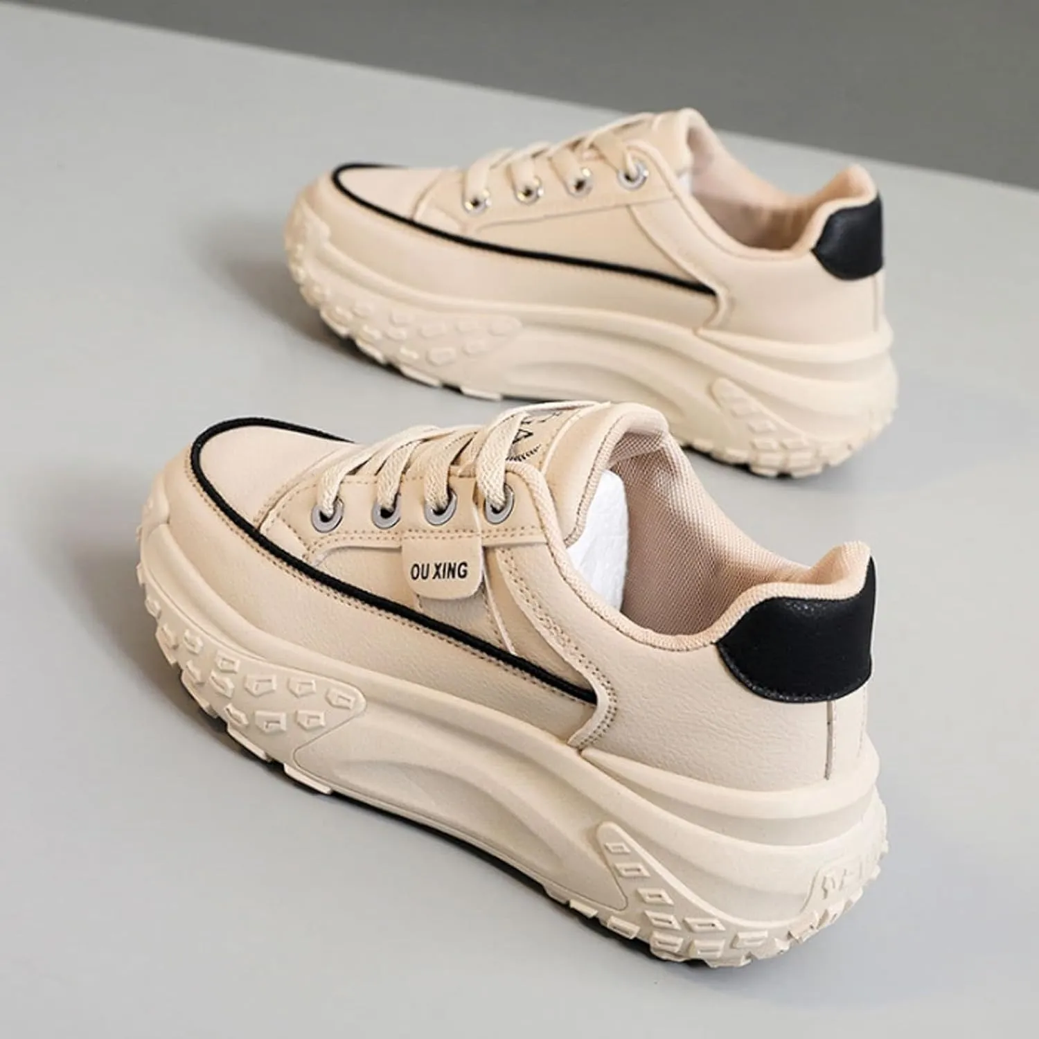 Women's Heightening Chunky Platform Fashion Sneakers Leather Round Toe Lace Up Comfortable Soft Bottom Walking Shoes Breathable Non-Slip Casual Sport Shoes Causal Walking Dad Shoes