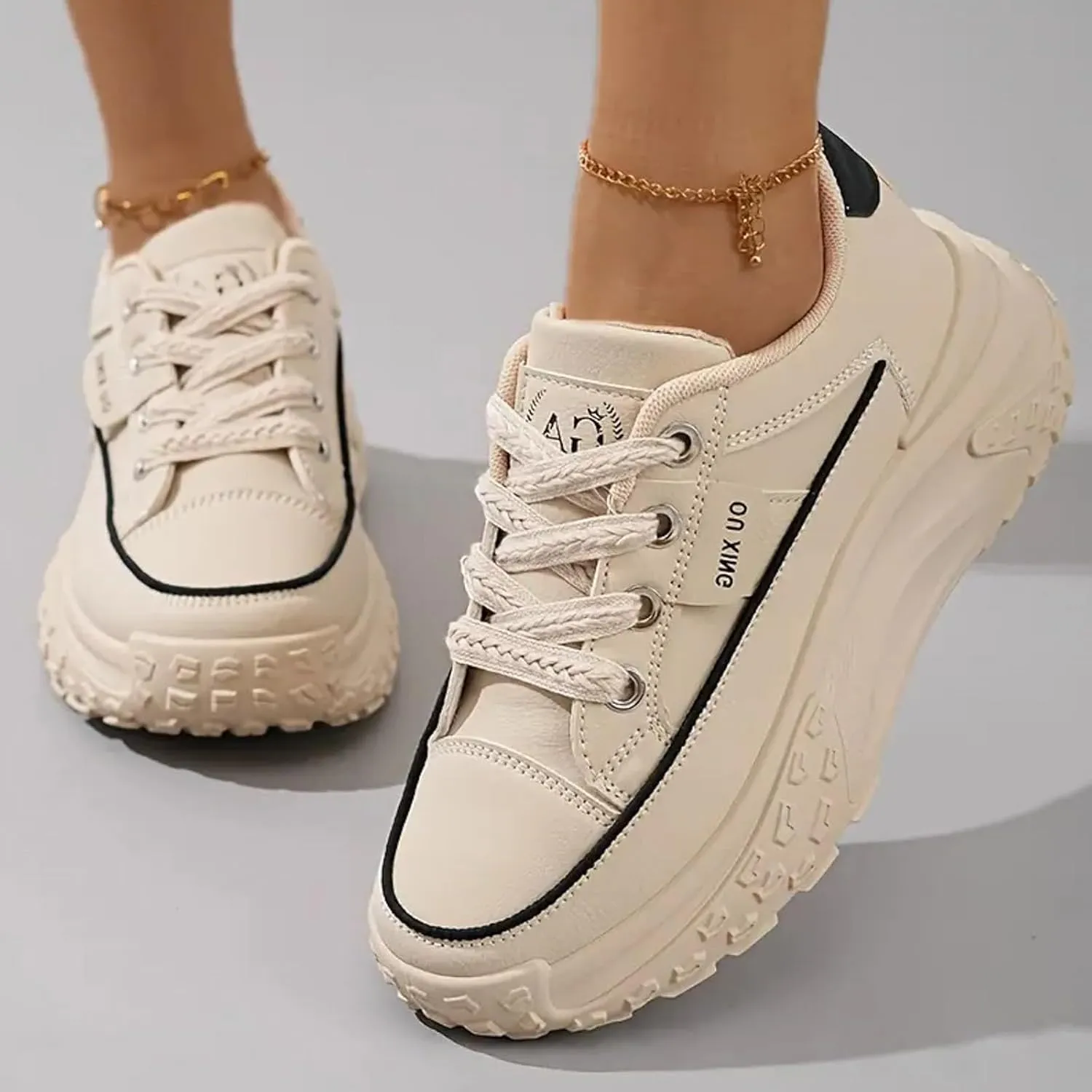 Women's Heightening Chunky Platform Fashion Sneakers Leather Round Toe Lace Up Comfortable Soft Bottom Walking Shoes Breathable Non-Slip Casual Sport Shoes Causal Walking Dad Shoes