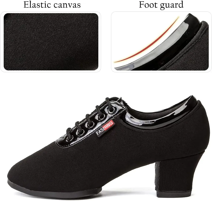 Women's Lace up Ballroom Practice Latin Shoes Closed Toe Black Tango Teaching Dance Shoes,Model-601