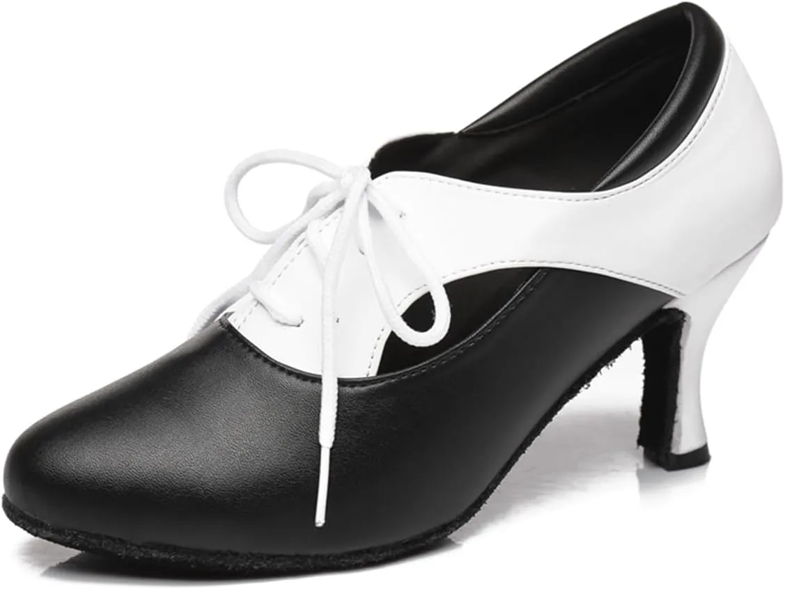 Women's Lace-up Closed Toe Leather Ballroom Tango Party Wedding Practice Performence Dance Shoes