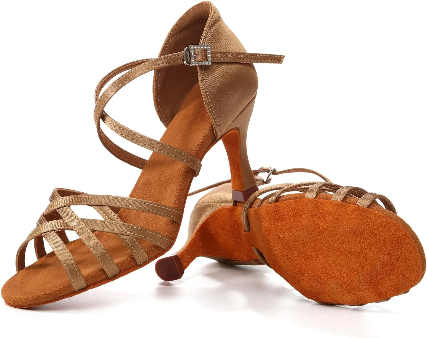 Women's Latin Dance Shoes Open Toe Professional Salsa Bachata Ballroom Performance Practice Dancing Shoes,Model EM955-Suede Sole-3Heel