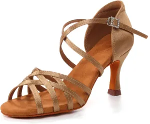 Women's Latin Dance Shoes Open Toe Professional Salsa Bachata Ballroom Performance Practice Dancing Shoes,Model EM955-Suede Sole-3Heel