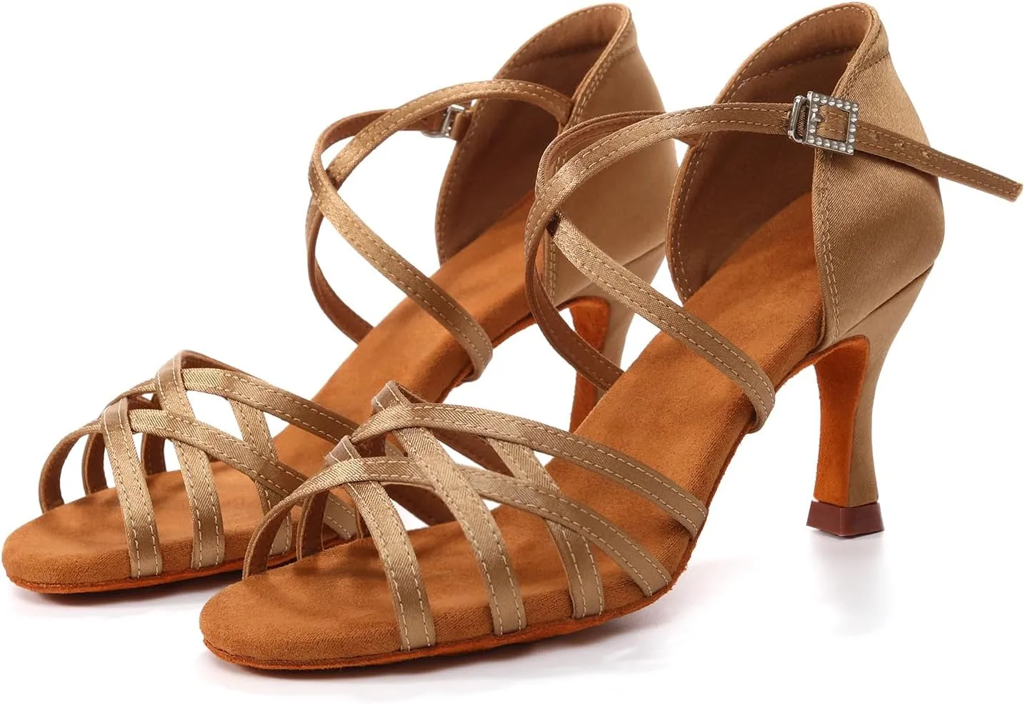 Women's Latin Dance Shoes Open Toe Professional Salsa Bachata Ballroom Performance Practice Dancing Shoes,Model EM955-Suede Sole-3Heel