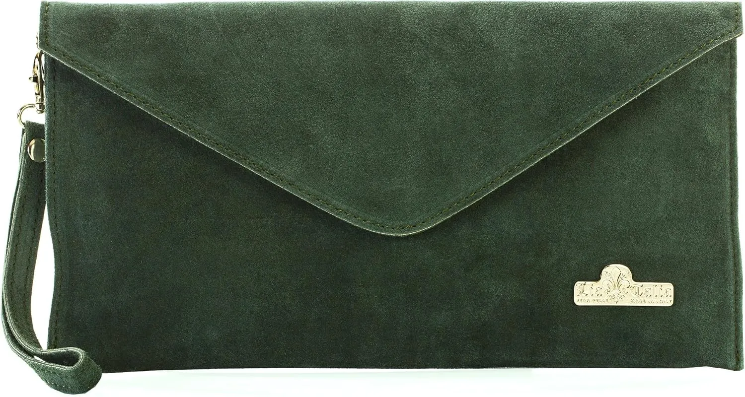 Women's Leather Wristlets Clutch Bag in Envelope Shape - 100% Italian Leather with Long Shoulder Strap